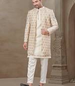 Cream fancy silk kurta pyjama with jacquard silk modi jacket indo western for mens wear