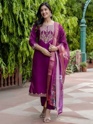 Purple embroidered viscose roman silk salwar suit 3