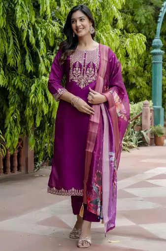 Purple embroidered viscose roman silk salwar suit