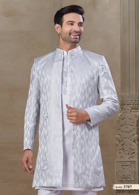 White fancy silk kurta pyjama with jacquard silk modi jacket indo western for mens wear 2