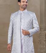 White fancy silk kurta pyjama with jacquard silk modi jacket indo western for mens wear
