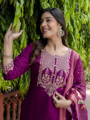 Purple embroidered viscose roman silk salwar suit 4