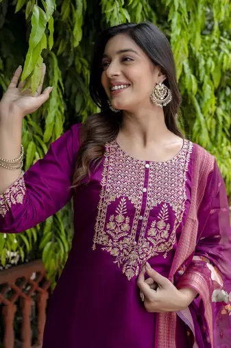 Purple embroidered viscose roman silk salwar suit