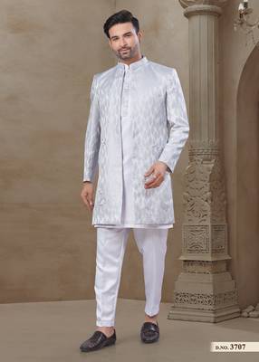 White fancy silk kurta pyjama with jacquard silk modi jacket indo western for mens wear 3