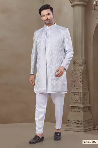 White fancy silk kurta pyjama with jacquard silk modi jacket indo western for mens wear