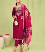 Pink embroidered viscose roman silk salwar suit