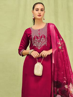 Pink embroidered viscose roman silk salwar suit 2