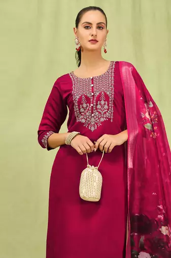 Pink embroidered viscose roman silk salwar suit