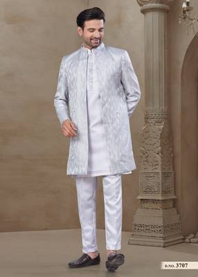 White fancy silk kurta pyjama with jacquard silk modi jacket indo western for mens wear 1