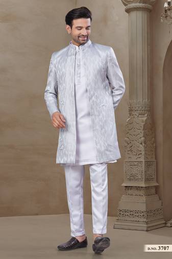 White fancy silk kurta pyjama with jacquard silk modi jacket indo western for mens wear
