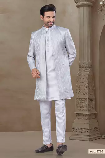 White fancy silk kurta pyjama with jacquard silk modi jacket indo western for mens wear