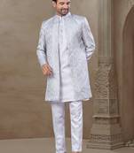 White fancy silk kurta pyjama with jacquard silk modi jacket indo western for mens wear