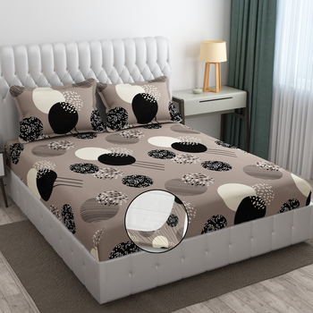 White beige geometric bed sheets with 2 king size pillow cover and double bed around elastic size 72x78x8 inches 1