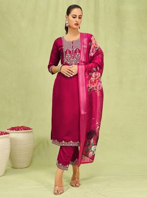 Pink embroidered viscose roman silk salwar suit 3