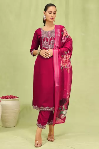 Pink embroidered viscose roman silk salwar suit