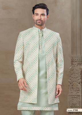 Pista fancy silk kurta pyjama with jacquard silk modi jacket indo western for mens wear 2