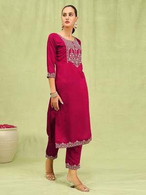 Pink embroidered viscose roman silk salwar suit 4