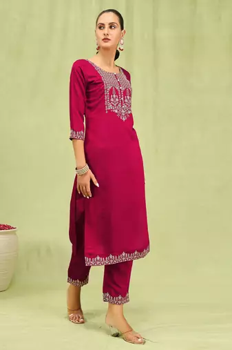 Pink embroidered viscose roman silk salwar suit