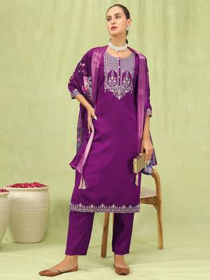Purple embroidered viscose roman silk salwar suit 1