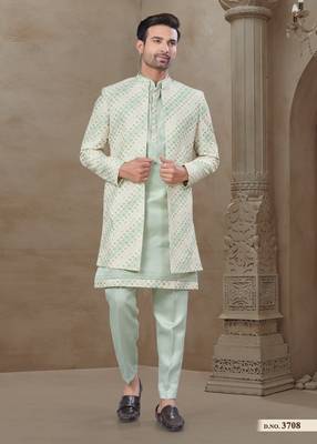 Pista fancy silk kurta pyjama with jacquard silk modi jacket indo western for mens wear 3