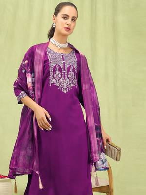 Purple embroidered viscose roman silk salwar suit 2