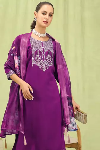 Purple embroidered viscose roman silk salwar suit