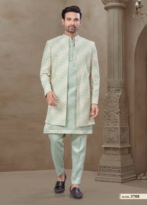 Pista fancy silk kurta pyjama with jacquard silk modi jacket indo western for mens wear 1