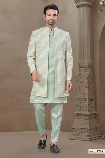 Pista fancy silk kurta pyjama with jacquard silk modi jacket indo western for mens wear