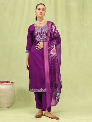 Purple embroidered viscose roman silk salwar suit 3