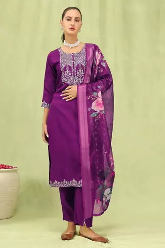 Purple embroidered viscose roman silk salwar suit