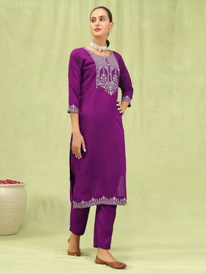 Purple embroidered viscose roman silk salwar suit 4
