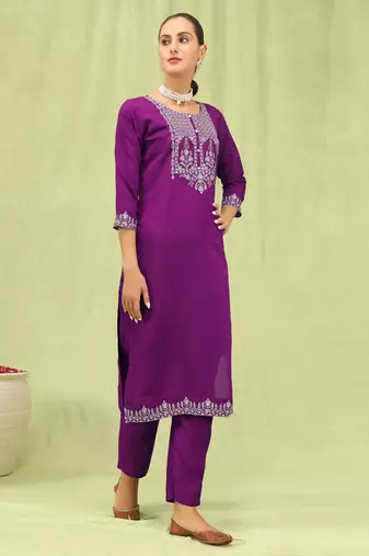 Purple embroidered viscose roman silk salwar suit