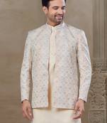 Cream fancy silk kurta pyjama with jacquard silk modi jacket indo western for mens wear