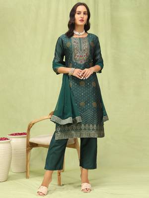 Green embroidered cotton silk jacquard salwar suit 1