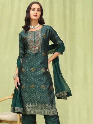 Green embroidered cotton silk jacquard salwar suit 2