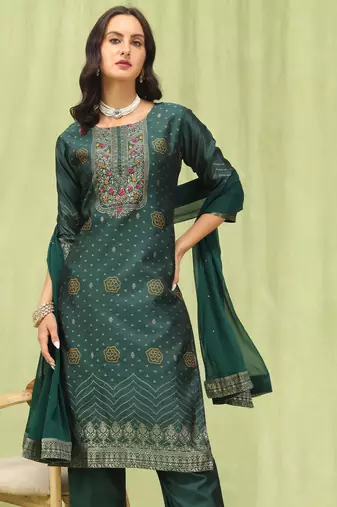 Green embroidered cotton silk jacquard salwar suit