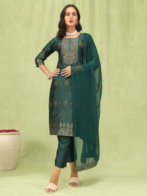 Green embroidered cotton silk jacquard salwar suit 3