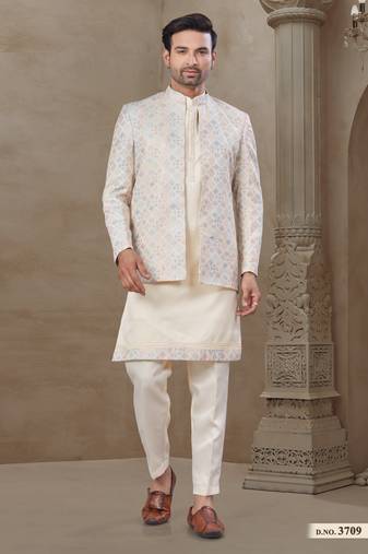 Cream fancy silk kurta pyjama with jacquard silk modi jacket indo western for mens wear