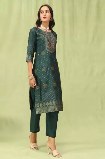 Green embroidered cotton silk jacquard salwar suit