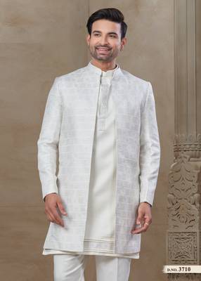 White fancy silk kurta pyjama with jacquard silk modi jacket indo western for mens wear 2