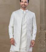 White fancy silk kurta pyjama with jacquard silk modi jacket indo western for mens wear