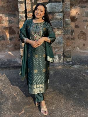 Green embroidered cotton silk jacquard salwar suit 1