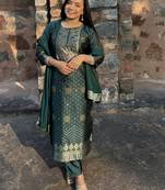Green embroidered cotton silk jacquard salwar suit