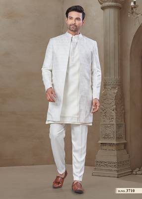 White fancy silk kurta pyjama with jacquard silk modi jacket indo western for mens wear 3