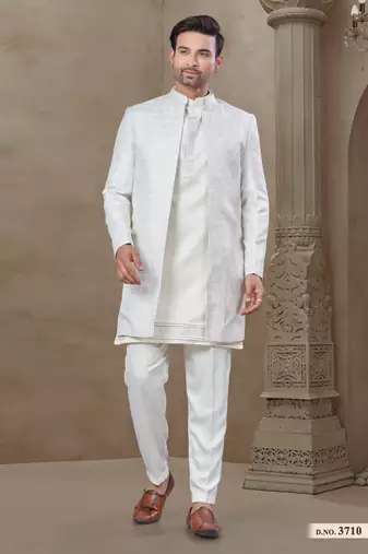 White fancy silk kurta pyjama with jacquard silk modi jacket indo western for mens wear