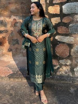 Green embroidered cotton silk jacquard salwar suit 2