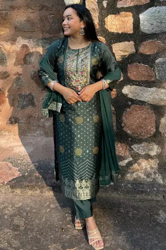 Green embroidered cotton silk jacquard salwar suit