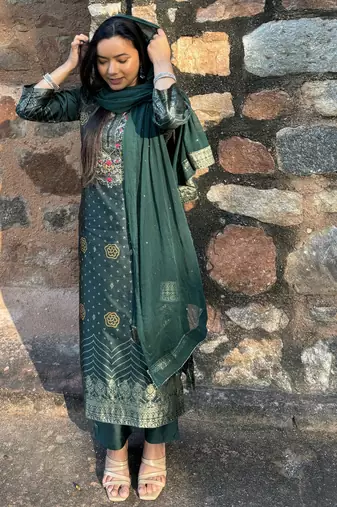 Green embroidered cotton silk jacquard salwar suit