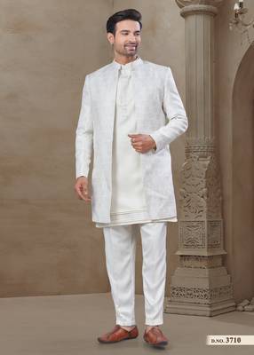 White fancy silk kurta pyjama with jacquard silk modi jacket indo western for mens wear 1