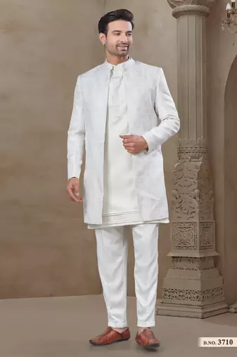 White fancy silk kurta pyjama with jacquard silk modi jacket indo western for mens wear